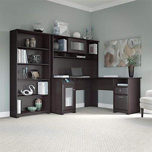 Bush Home Cabot 60W L Shaped Computer Desk with Hutch and 5 Shelf Bookcase in Espresso Oak