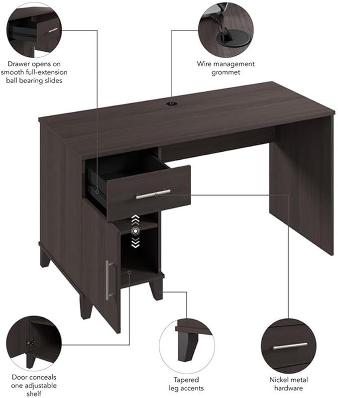 Pemberly Row 54W Office Desk with Drawers Storm Gray Finish Engineered Wood Spacious Work Surface Wire Management Grommet File Drawer for Legal Documents Home Office Computer Desk