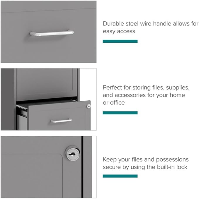 Pemberly Row 18 2-Drawer Metal Mobile Filing Cabinet Arctic Silver Finish Locking Design with Easy Roll Casters Stylish Embossed Fronts Compact Vertical Storage for Small Office or Home Office