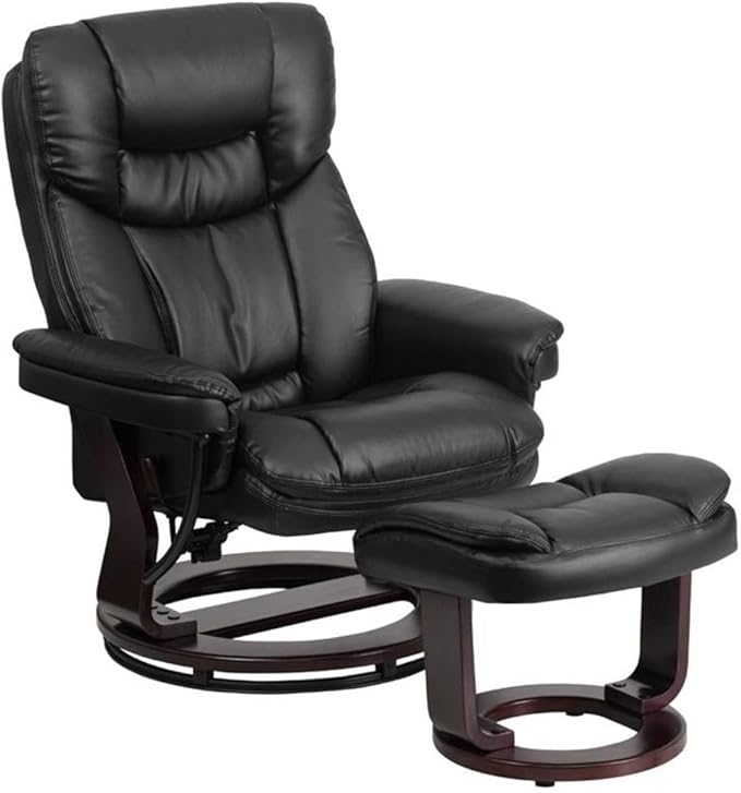 BOWERY HILL LeatherSoft Recliner and Ottoman Black Finish 41.25 H x 33 W x 44.5 D Swivel Base with Mahogany Wood Integrated Headrest Plush Arms Durable Leather Upholstery for Home or Office