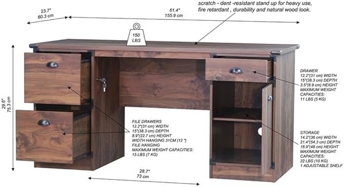 Pemberly Row Executive Desk 61.4 W x 23.7 D x 29.6 H Engineered Wood Dark Walnut Finish 2 Locking File Drawers Accessory Drawer Cabinet Storage Durable Laminate Home Office or Workspace