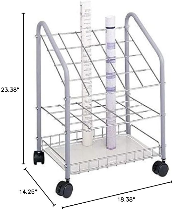Pemberly Row Tubular Steel Wire Roll File 20 Compartments Chrome Plated Grids Light Gray Finish 18 3/8 W x 14.25 D x 23 3/8 H Twin Wheel Casters Lightweight Organizer for Drawings or Plans
