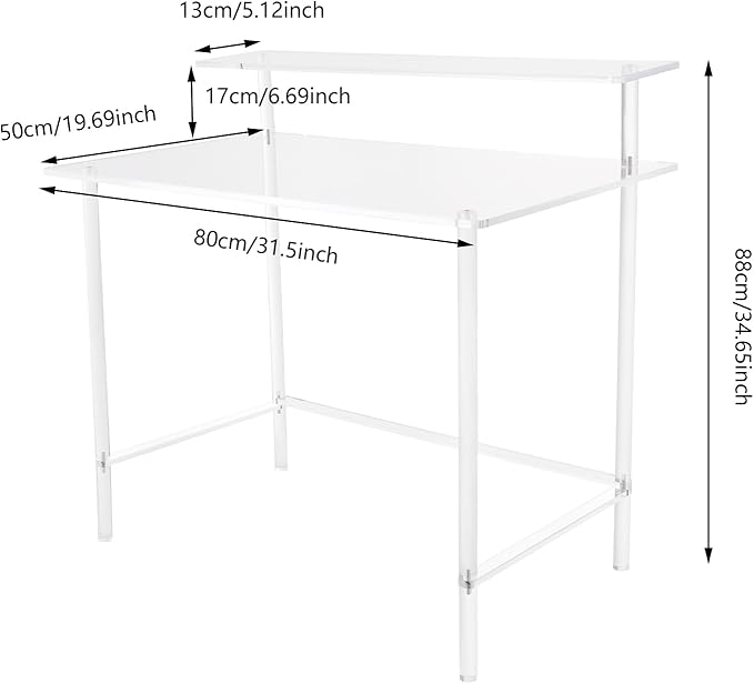 Acrylic Desk 2-Tier Modern Clear Desk 31.5 L x 19.7 W x 34.65 H 88 LBS Weight Capacity Home Office Desk for Study Work