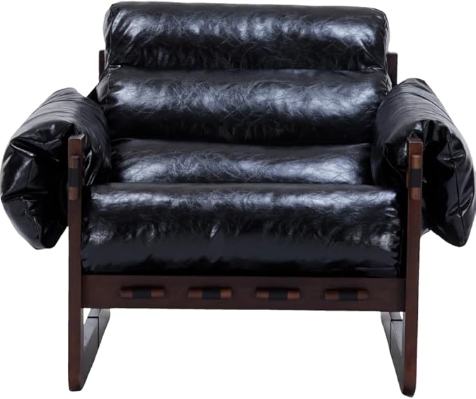 GDFStudio Aogex Oil Waxed Leather Lounge Sofa Accent Chair Leather Club Chair Armchair with Removable Pillow Comfort Chaise Lounge Single Reading Sofa for Living Room Bedroom Home Black