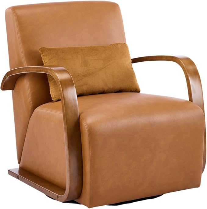Upholstered 360° Swivel Accent Chair – Solid Wood Curved Arms Mid-Century Modern Design Ergonomic Comfort for Living Room Bedroom Reading Nook Small Single Sofa(Antique Brown)
