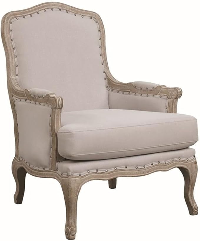 Pemberly Row Modern Wood Accent Chair Cream Upholstery Distressed Wooden Frame Taupe Finish Nail Head Trim Foam Cushions Cabriole Feet Living Room Furniture Indoor Seating