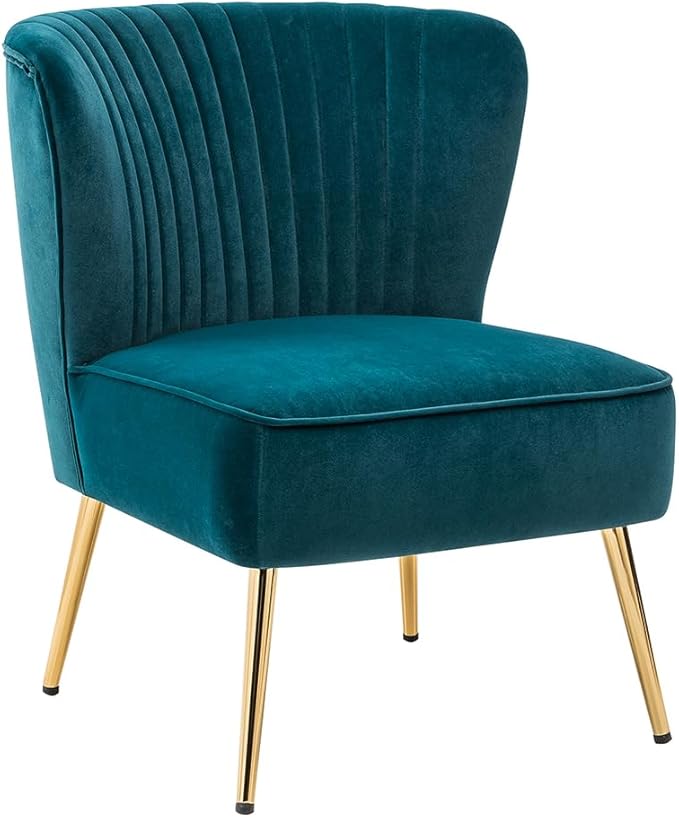TINA'S HOME Velvet Accent Chair Set of 2 with Metal Golden Legs Upholstered Armless Slipper Chair with Wingback Mid Century Side Chair for Living Room Bedroom Makeup Vanity- Teal