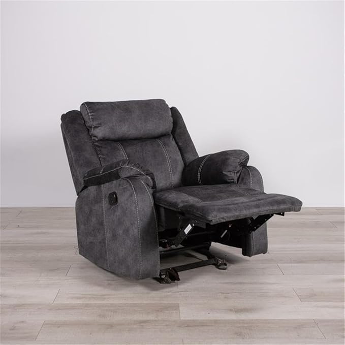 Pemberly Row Contemporary Glider Recliner Gray Soft Microfiber Fabric Manual Recline Plush Pillow Arms and Padded Footrest Suede-Like Material Contrast Stitching Comfortable Living Room Chair