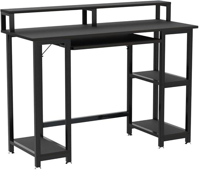 JSungo Small Computer Desk with Monitor Stand 47 Inch Home Office Desk with 2 Tier Storage Shelf for Small Space Sturdy Writing Gaming Table with Keyboard Tray and CPU Shelf Black