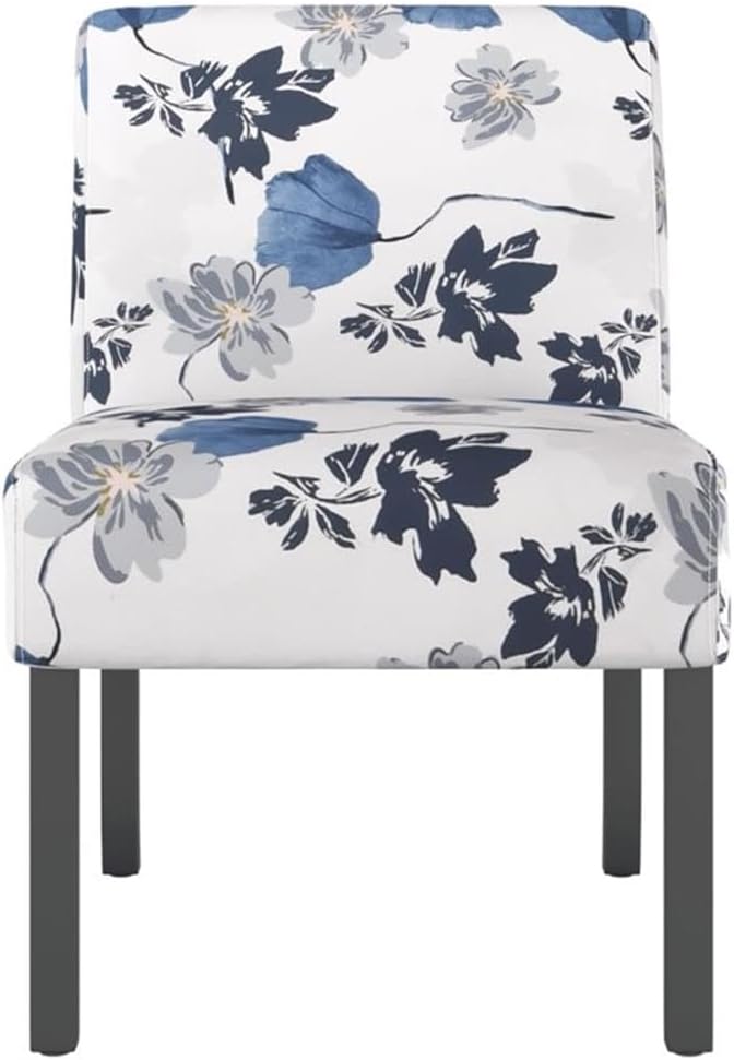 BOWERY HILL Floral Polyester and Solid Wood Slipper Chair Blue and White Upholstered Seat 25.2 x 18.9 x 28.3 in Comfortable Reversible Cushion Modern Accent Chair for Living Room or Bedroom Use