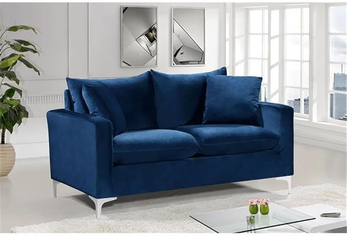 Meridian Furniture Naomi Collection Modern | Contemporary Navy Velvet Upholstered Loveseat with Stainless Steel Base in a Rich Gold or Chrome Finish