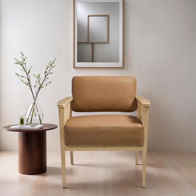 Mid-Century Accent Chair Modern Rattan Armchair PU Leather Lounge Chair with Wood Legs Upholstered Leisure Chair for Living Room Bedroom Reception Room Brown