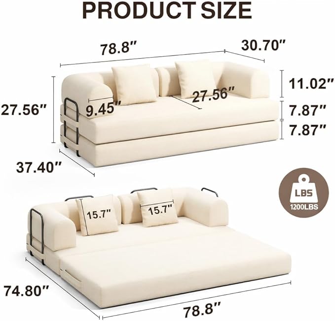 Ahomly 78.8'' Convertible Sofa Bed5-in-1 Boneless Couch with Removable ArmrestsFolding Futon Sofa Bed Includes 2 PillowsComfy Pull Out Couch for Living RoomNo Assembly RequiredCream
