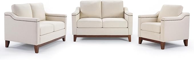 Modern 3 Piece Sofa Set with Rivets Included Chenille Accent Chair and Upholstered Loveseat 2-Seater Couches Set of 2 with Solid Wood Legs Living Room Furniture SetBeige