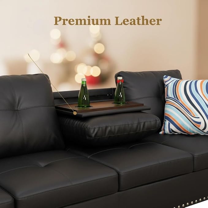 L-Shaped Sectional Sofa with Cup Holder Leather 4-Seat Couch with Chaise Lounge Modern Upholstered Living Room Furniture Black