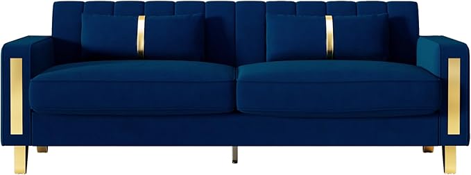 85.63 Modern Blue Velvet Sofa with Gold Metal Legs Large Upholstered Mid Century Modern Comfy 3 Seater Dark Blue Couches for Living Room (Blue)