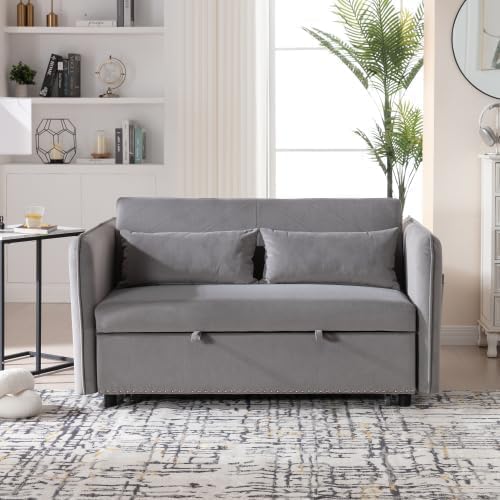 3 in 1 Pull Out Sofa Bed Convertible Loveseat Couch with Side Pockets Velvet Fabric Sleeper Sofa Bed with Adjustable Backrest for Living Room Bedroom Apartment RV Gray