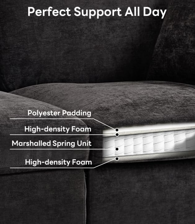 Sectional Cloud Couch for Living Room Spring Cushion Seating L Shaped Convertible Modular Sofa with Ottoman Black | Movable Balanced Comfort Soft-Strong Chenille Apartment-Friendly
