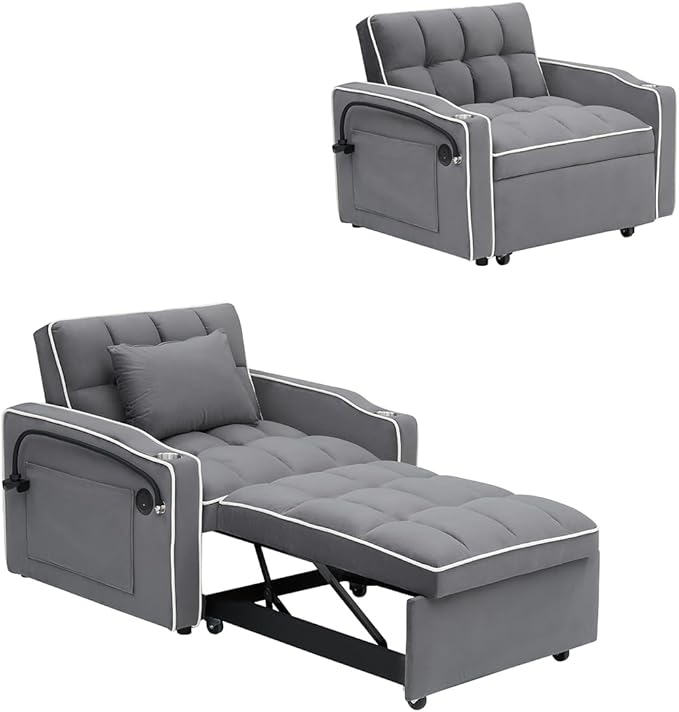 3 in 1 Convertible Sleeper Chair Modern Pull Out Couch Bed Single Recliner with Adjustable Back Velvet Futon Folding Sofa Bed Chair for Living Room Bedroom Small Spaces (Gray-2)