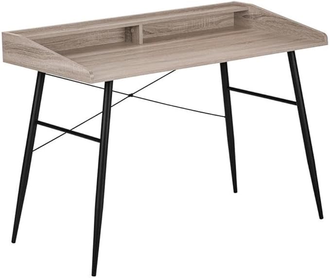 Pemberly Row Computer Desk 47 W x 23 D Dark Taupe Wood-Look Finish Black Metal Base Hutch with Shelf and Storage Cubbies Mid-Century Modern Home Office or Bedroom Laptop Table