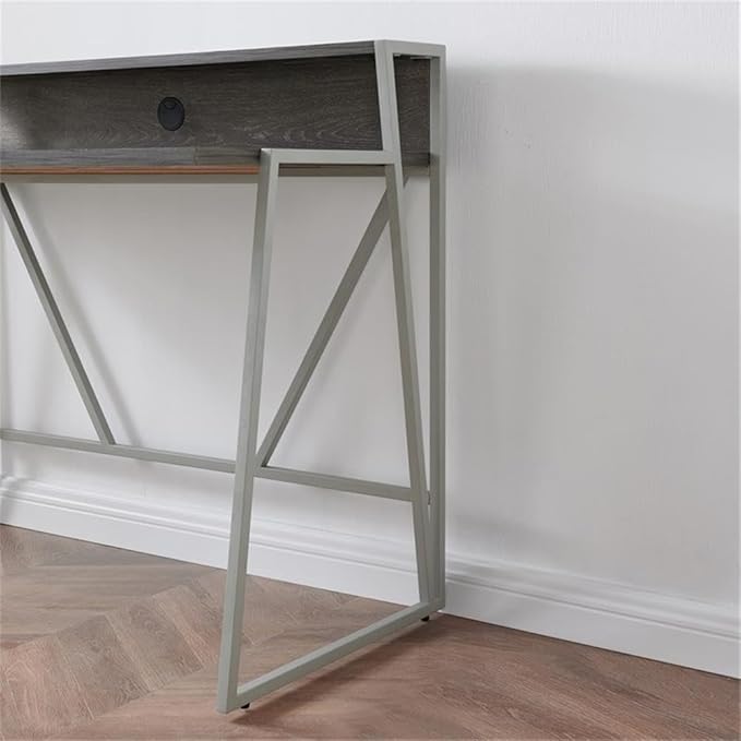 Pemberly Row 44 L x 23.75 W Writing Desk Weathered Wood and Nickel Finish HPL Worksurface Iron Frame MDF Shelf Cable Management 30 Clearance Home Office Desk with Riser Shelf