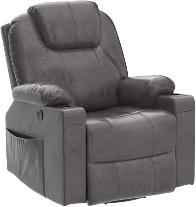 VIVIJASON Manual Massage Rocker Recliner Chair 360° Swivel Glider Lounge Chair with Heat Ergonomic Home Theater Recliner Sofa with 2 Side Pockets Cup Holders &amp USB Ports for Living Room Gray