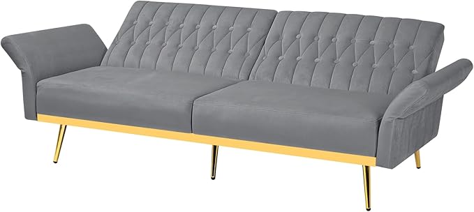 70 Velvet Futon with Adjustable Backrest and Armrests Sofa Bed with Extra Pillows for Waiting Room Living Room and Office Grey