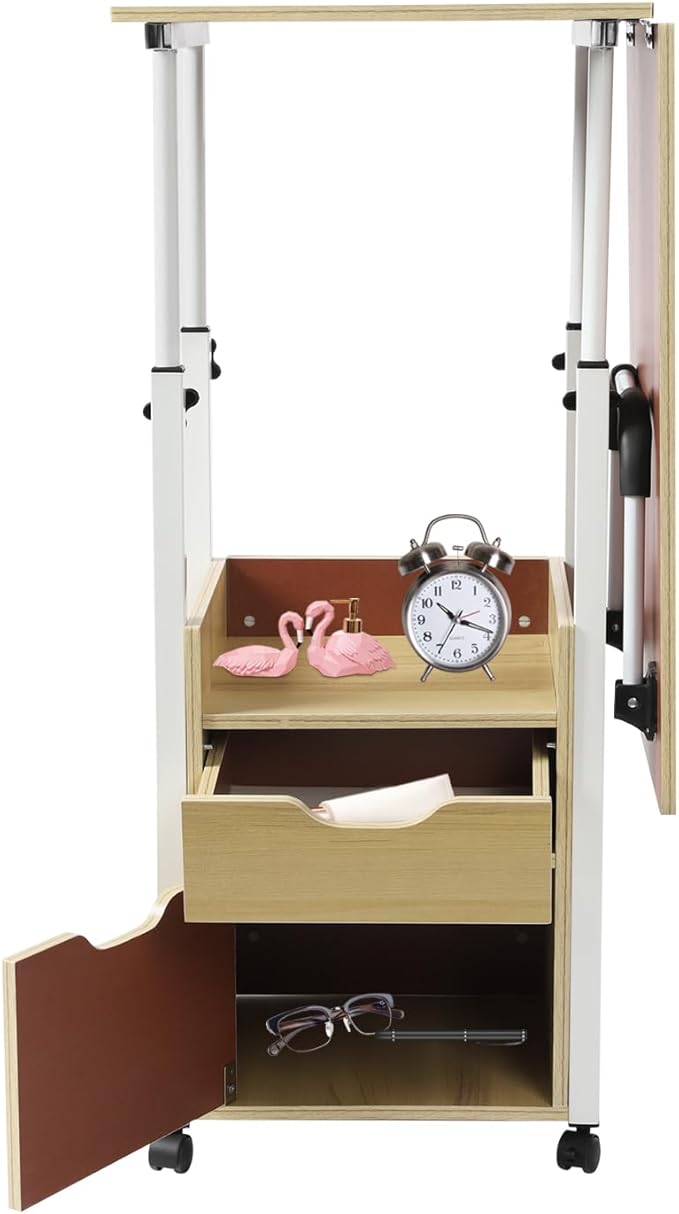 Home Office Desk with Wheels Movable Bedside Table with Plastic Drawers Height Adjustable Over Bed Desk for Laptop White for Home Office Study (Light Wood + White)