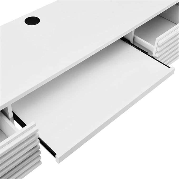 Pemberly Row Wall-Mount Office Desk 60 in Wide Particleboard with Wood Grain Laminate White Finish Pull-Out Keyboard Tray Full-Extension Drawers Mid-Century Modern Style for Home Office or Dorm