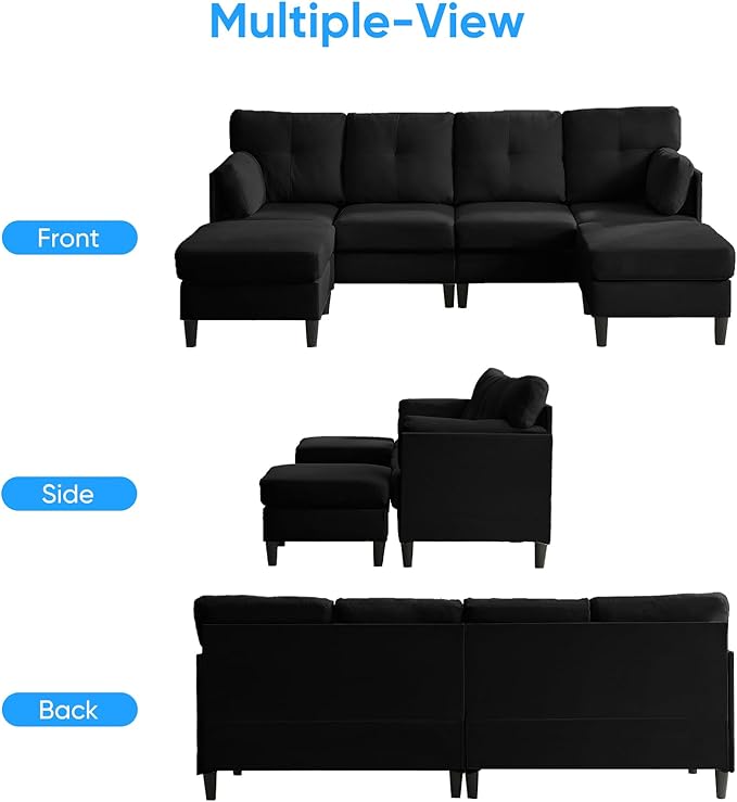 PUREMIND Sectional Couches for Living Room Modern Snow Velvet U-Shaped Sofa Couch with Double Chaise Upholstered 4 Seater Home Sofa for Living Room Apartment Office Black