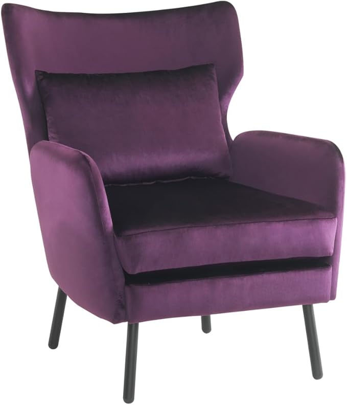 Chair reclinerWingback Velvet Accent Chair Modern Upholstered Armchair for Living Room Bedroom and Reception Area Comfortable Single Sofa Chair with Metal Legs and Pillow (Purple + Velvet)