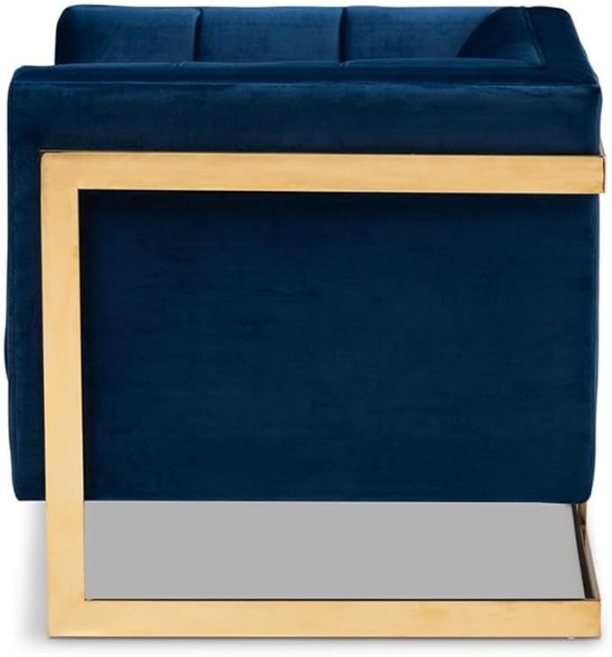 BOWERY HILL Velvet Accent Chair Royal Blue Upholstery Gold Finish Stainless Steel Frame Button Tufted Glam and Luxe Style Plywood Construction Fully Assembled 21.3 W Seat for Living Room and