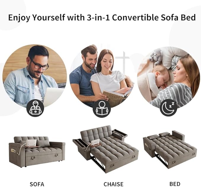 Convertible Sofa Bed 5-in-1 Pull Out Couch with Side Table Loveseat Sleeper Sofas Bed Couch with USB Port 65‘’ Velvet Pull Out Sofa Beds for Living Room Bedroom Apartment