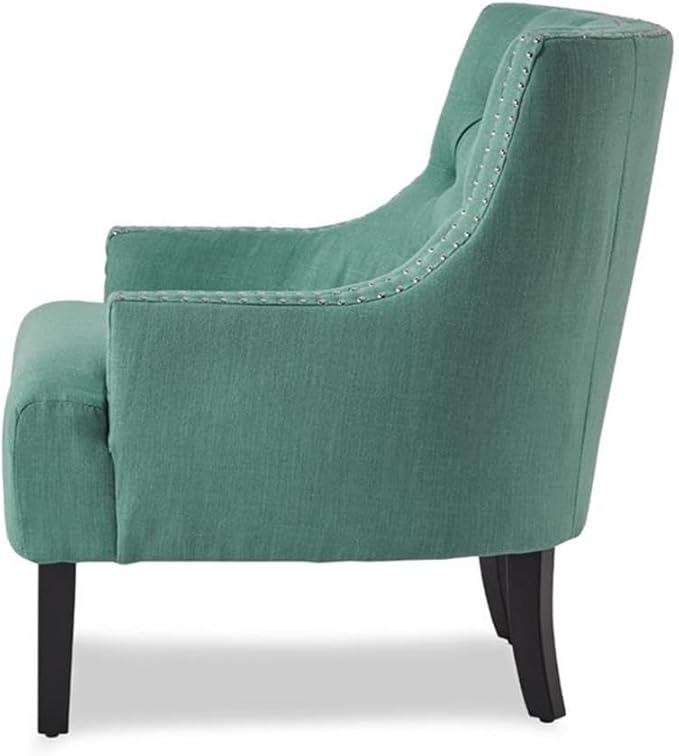 Pemberly Row Upholstered Accent Chair Teal Fabric Solid Wood Frame Button-Tufted Back Nailhead Trim Espresso Finish Legs 34.75 H x 28 W x 30.25 D Modern Traditional Living Room Seating