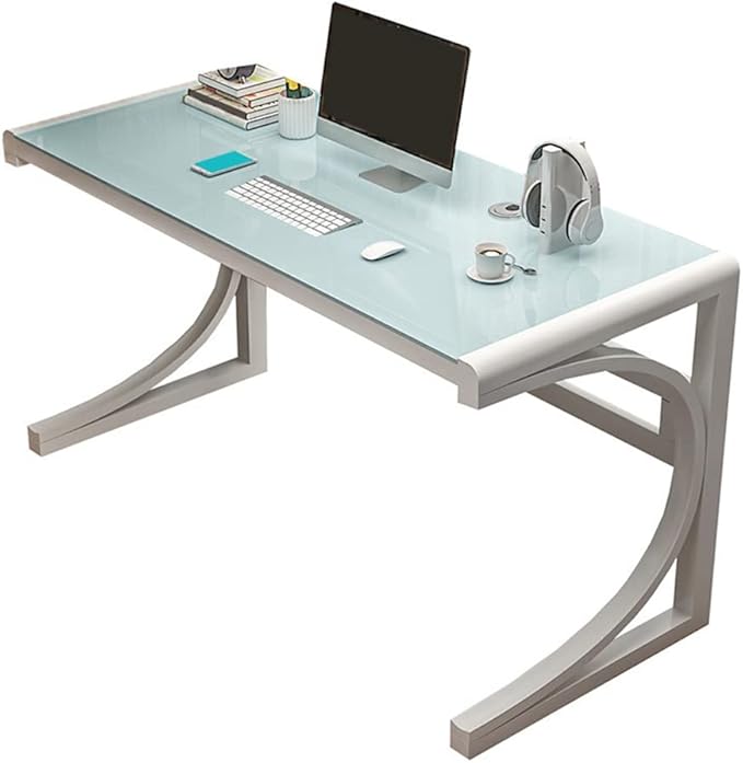 LITFAD Modern Office Desk Tempered Glass Desktop Computer Desk Home Office Study Desk with Metal Legs - 47.2 L x 23.6 W x 29.5 H White Base &amp White Table Top Without Chairs