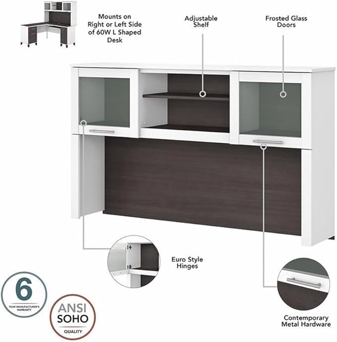 Pemberly Row 60W L Shaped Desk with Hutch White and Storm Gray Finish Engineered Wood Keyboard Tray Storage Cabinet File Drawer Adjustable Shelf Home Office Furniture