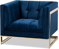 BOWERY HILL Velvet Accent Chair Royal Blue Upholstery Gold Finish Stainless Steel Frame Button Tufted Glam and Luxe Style Plywood Construction Fully Assembled 21.3 W Seat for Living Room and