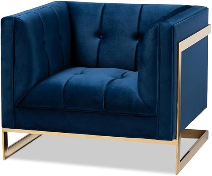 BOWERY HILL Velvet Accent Chair Royal Blue Upholstery Gold Finish Stainless Steel Frame Button Tufted Glam and Luxe Style Plywood Construction Fully Assembled 21.3 W Seat for Living Room and