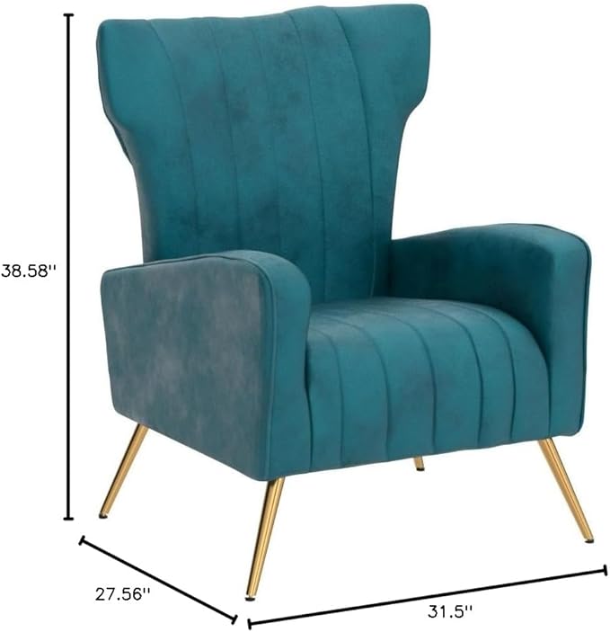 Modern Velvet Accent Chair Channel Tufted Bedroom Office or Living Room Furniture with Elegant Metal Legs 26 Wide Armchair Blueish Green