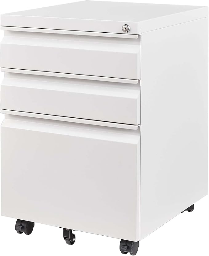 White 3 Drawer Mobile File Cabinet with Lock Under Desk Storage Metal Filing Cabinets for Home Office Organizer Letters/Legal/A4 Fully Assembled (White)
