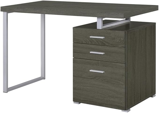 Pemberly Row 3-Drawer Office Desk Weathered Gray Wood and Silver Metal 47.25 W x 23.5 D x 30 H File Cabinet Contemporary Design Sleek Workspace for Home Office or Study Room