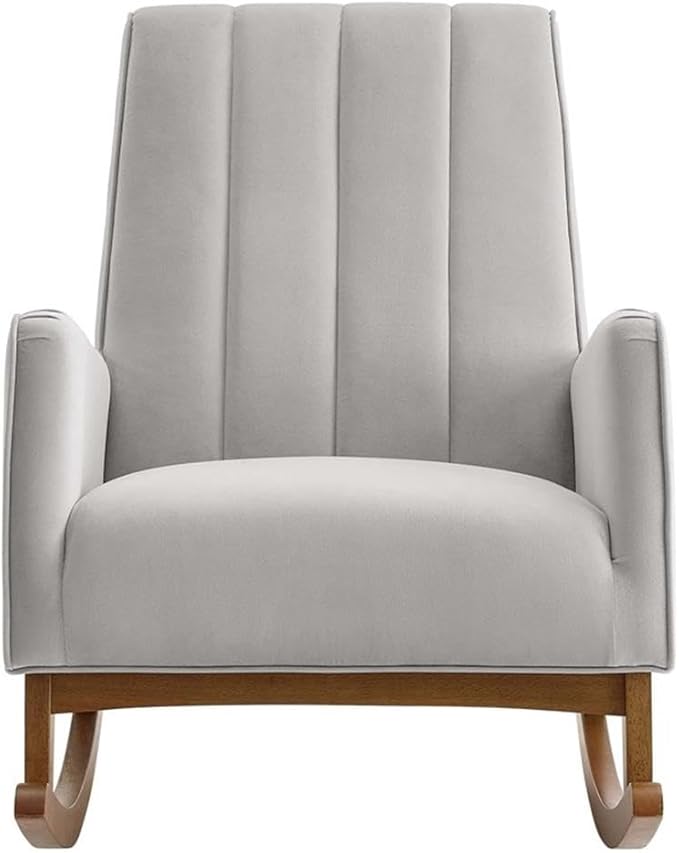 Maklaine Modern Performance Velvet Rocking Chair 36.5H x 27.5W x 39D Light Gray Upholstery Stain-Resistant Fabric Channel Tufting Wooden MDF Base Comfortable Accent Chair for Living Room or