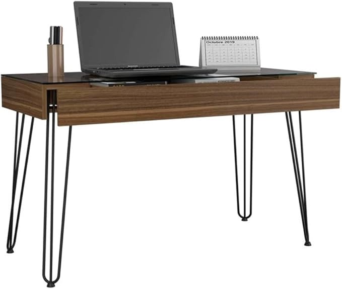 Atlin Designs Modern Wood Desk 47.2 W x 19.6 D Glass Top Mahogany Finish Abstract Steel Legs Industrial Style Spacious Drawer Home Office Desk for Small Spaces or Versatile Use