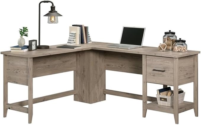 Scranton &amp Co L-Shaped Engineered Wood Computer Desk Laurel Oak Finish 58.66 W x 66.46 D x 29.02 H File Drawer Lower Shelf Cord Management Tapered Feet Home Office Desk