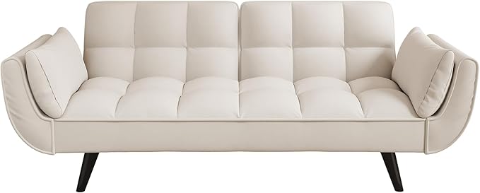 Olela Futon Sofa Bed Convertible Sleeper Couch 74 W Modern Velvet Loveseat with Adjustable Backrests and Solid Wood Legs for Living Room Bedroom Small Space (Beige)