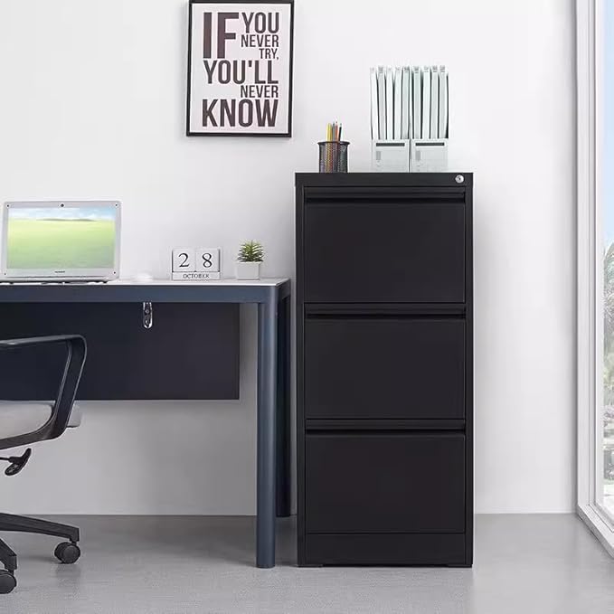 3 Drawer File Cabinet with Lock Small Filing Cabinet Under Desk Storage Organizer for Home Office Vertical Metal Locking DrawersBlack