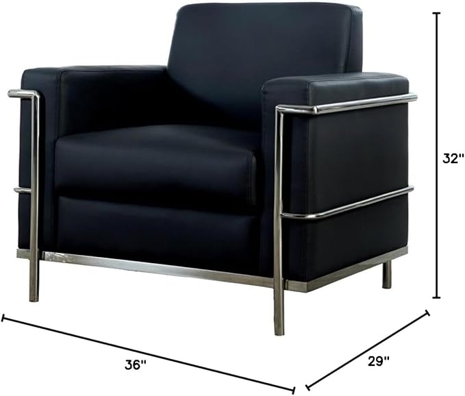 Pemberly Row Contemporary Faux Leather Accent Chair 36 Wide Stainless Steel Frame Black Upholstery and Chrome Finish Modern Living Room Seating Durable 400 lbs Capacity