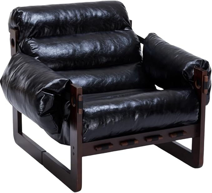 GDFStudio Aogex Oil Waxed Leather Lounge Sofa Accent Chair Leather Club Chair Armchair with Removable Pillow Comfort Chaise Lounge Single Reading Sofa for Living Room Bedroom Home Black