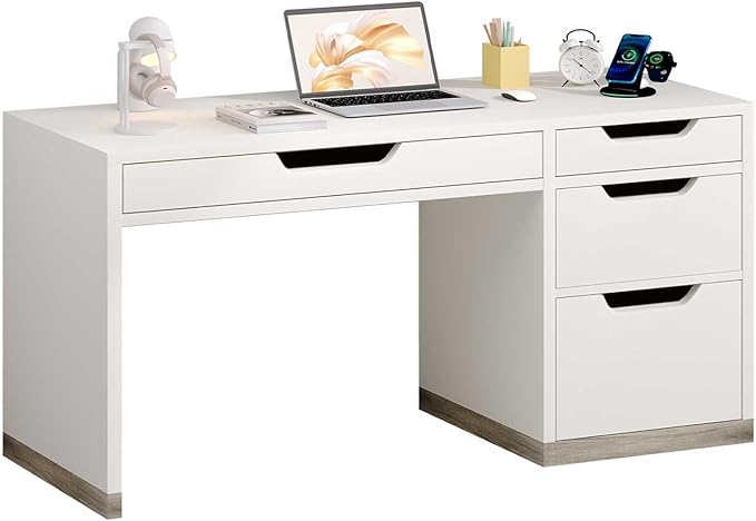 52 Inch White Desk with 4 Drawers Computer Desk with Storage for Small Spaces with Storage File Drawer Small Home Office Desk with Drawers for Bedroom