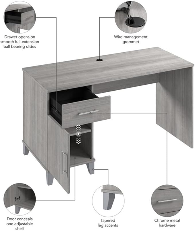 Bush Home Somerset 54W Office Desk with Drawer and Cabinet in Platinum Gray Computer Table with Storage for Home Office Workspace